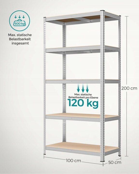 Стеллаж складской металлический Songmics 200 x 100 x 50 см Max 175 кг на полку, фото 2