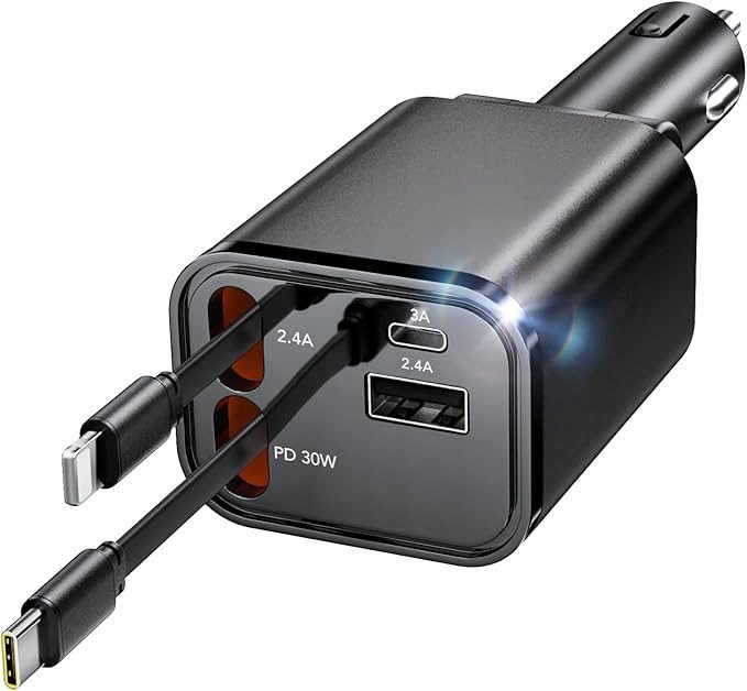 ЗАРЯДНОЕ УСТРОЙСТВО АВТОМОБИЛЬНОЕ 4 Вт 1 Z ROZWIJANYM КАБЕЛЕМ 120W - SZYBKIE ЗАРЯДКА, фото 1