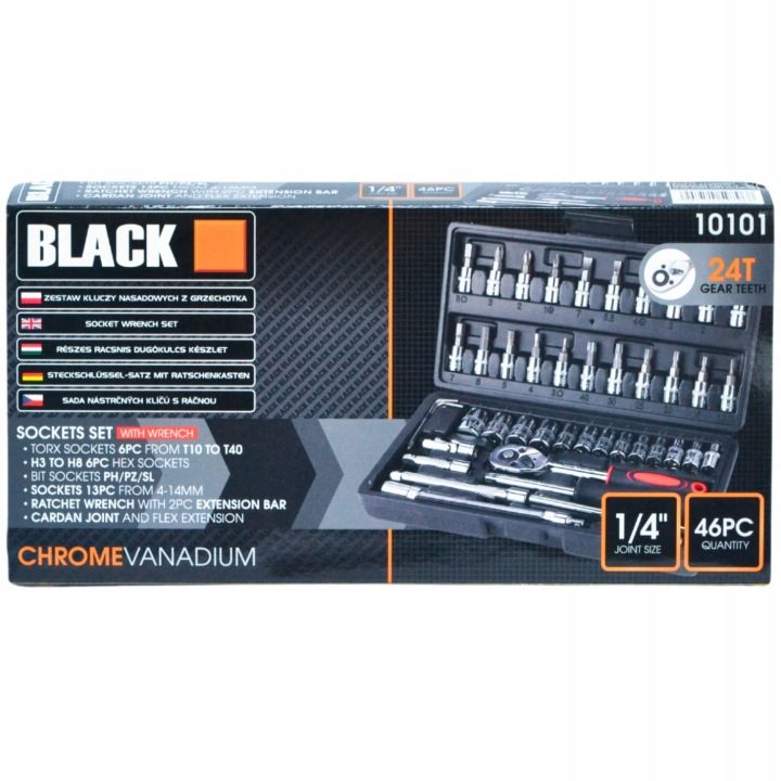 Комплект инструментов ручных Black 46-elementowy торцевых головок 1/4, фото 6