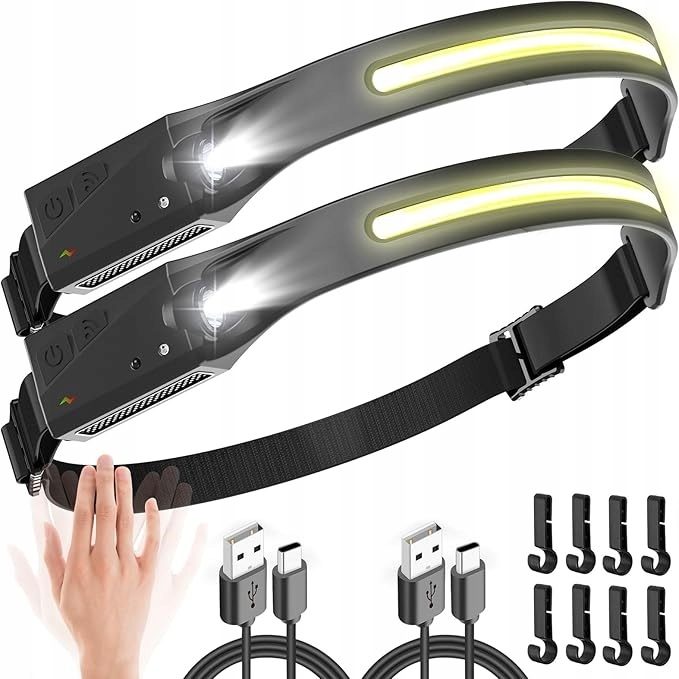 2X АККУМУЛЯТОРНЫЙ НАЛОБНЫЙ ФОНАРЬ LED USB C О SZEROKIM KĄCIE ŚWIECENIA 230°, фото 1