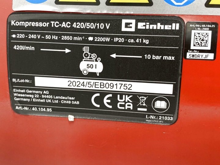 Einhell компрессор масляный TC-AC 420/50/10 V 50 l 10 бар 2200 Вт, фото 9