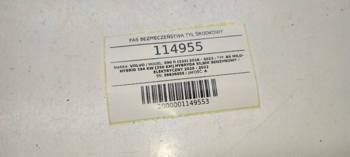 РЕМЕНЬ БЕЗОПАСНОСТИ ЗАДНИЙ САЛОН ДИВАНА VOLVO S90 II 39836055, фото 5