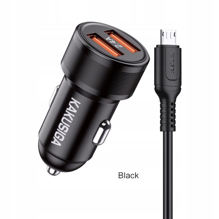 ЗАРЯДНОЕ УСТРОЙСТВО АВТОМОБИЛЬНОЕ KAKUSIGA DUAL ПОРТ + КАБЕЛЬ МИКРО USB 2.4A, фото 1