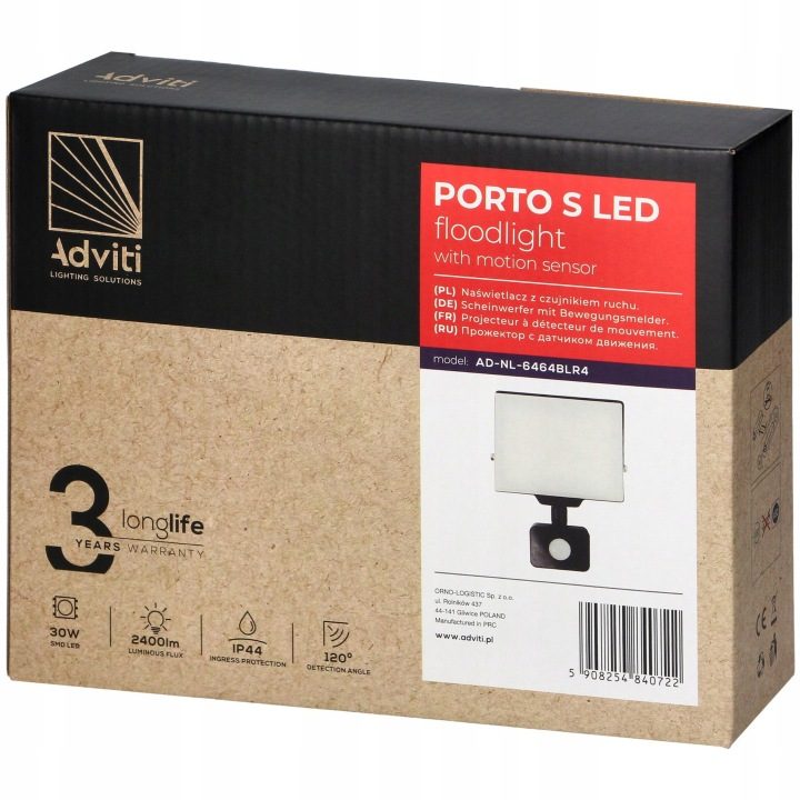 Прожектор Adviti LED 30W черный с датчиком движения IP44 2400 lm 4000 K, фото 2
