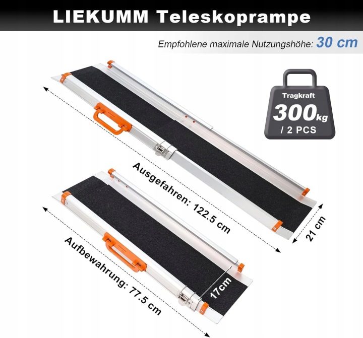LIEKUMM Antypoślizgowa рампа ułatwiająca załadunek, 120 см x 21 см, регулируемая, переносная, алюминиевая рампа teleskopowa на schody и przeszkody, складная направляющая ładująca (MR207N-4), 2 шт., фото 2