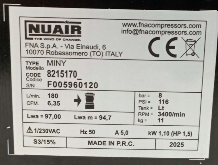 Компрессор безмасляный NuAir Miny 0 l 8 бар, фото 4