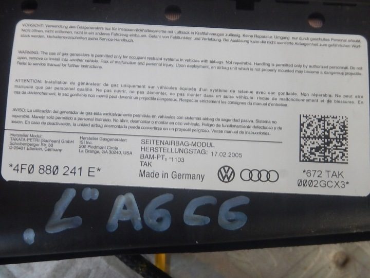 AUDI A6 C6 ПРАВАЯ ЛЕВАЯ ПОДУШКА В СИДЕНЬЕ, фото 3