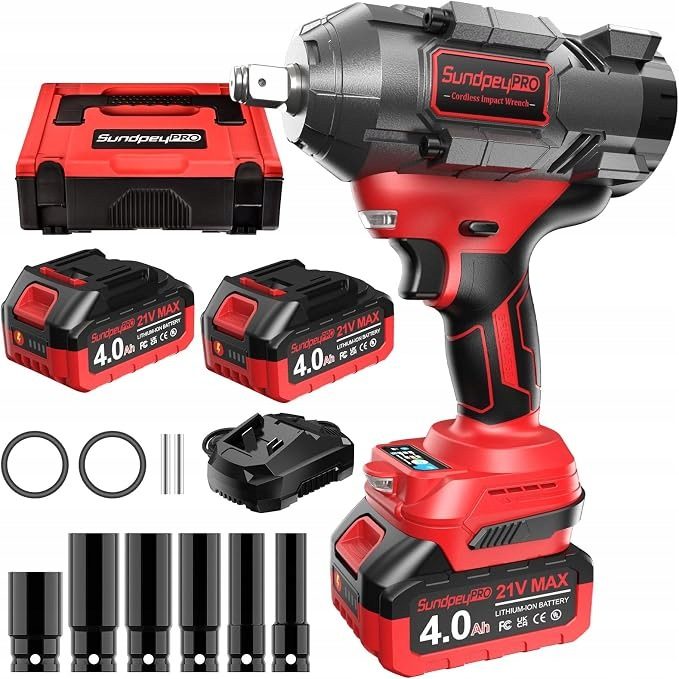 Ударный гайковерт SundpeyPRO 1500 Нм с 2 аккумуляторами 4,0 А·ч + насадки, фото 1