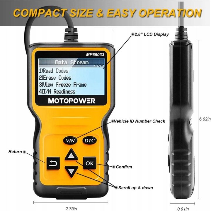 ТЕСТЕР ДИАГНОСТИЧЕСКИЙ OBDII/EOBD MOTOPOWER MP69033, фото 6