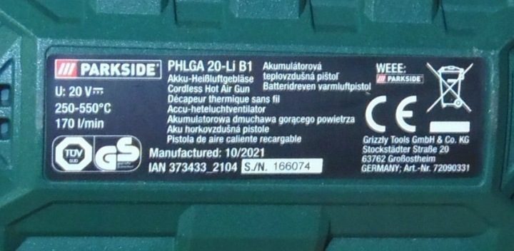 Parkside Термофен аккумуляторный PHLGA 20-Li B 20V 550°C 3 форсунки кейс, фото 6