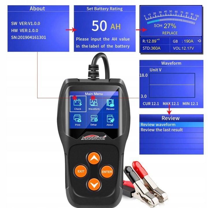 Тестер аккумуляторов Konnwei KW600 LCD измеритель цифровой 6V 12V польский меню, фото 5