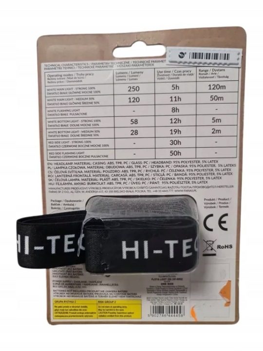 ФОНАРИК ФОНАРЬ ЛОБОВОЙ НАЛОБНЫЙ ФОНАРЬ HI-TEC FLOYA LIGHT 250 ЛМ 7 РЕЖИМОВ, фото 3