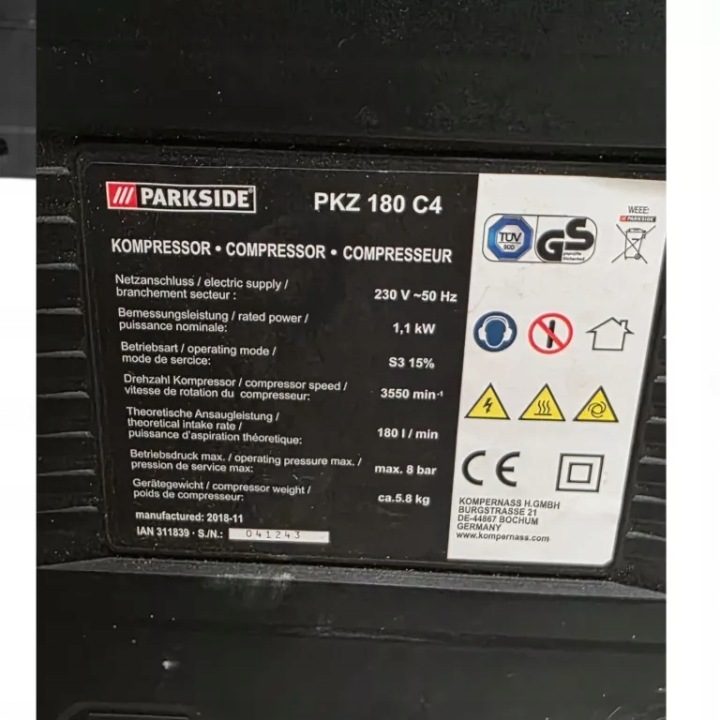 PARKSIDE PKZ 180 C4 ПЕРЕНОСНОЙ КОМПРЕССОР БЕЗМАСЛЯНЫЙ О МОЩНОСТИ 1100W, фото 5
