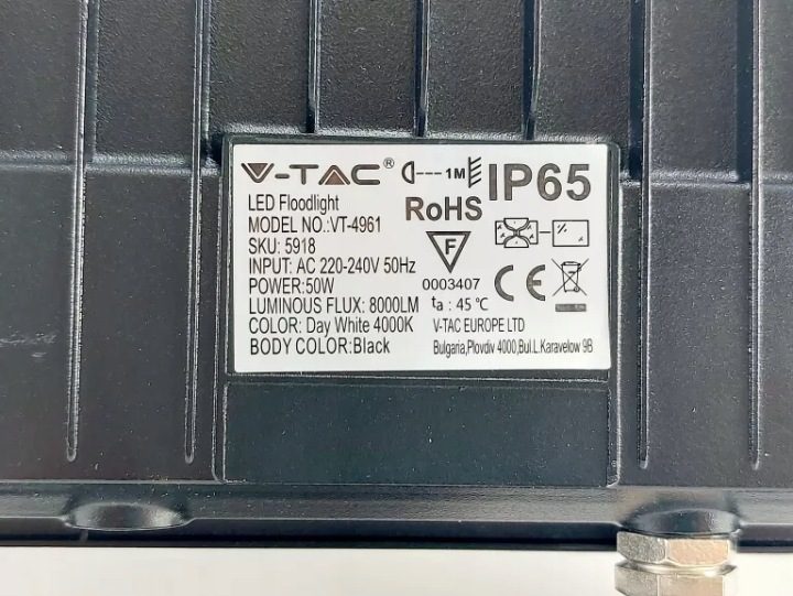 Прожектор LED водонепроницаемый 50W 4000K neutralny 8000lm 160lm/W IP65 V-TAC, фото 3