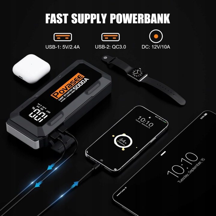 Стартер Автомобильный Povasee Jump 5000A LCD 12V USB LED, фото 3