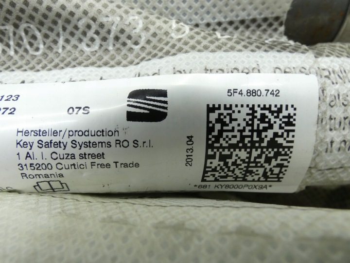 ШТОРКА ПОДУШКА БЕЗОПАСНОСТИ AIRBAG ПРАВЫЙ ПАССАЖИРА SEAT LEON III 5F4880742, фото 4