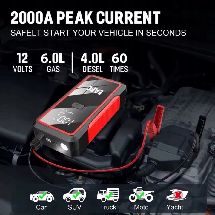 EAFC повербанк 2000A пусковой 12V для автомобилей motocykli с LCD LED USB-C, фото 3