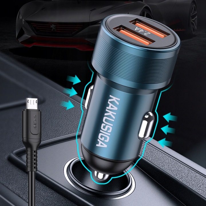 ЗАРЯДНОЕ УСТРОЙСТВО АВТОМОБИЛЬНОЕ KAKUSIGA DUAL ПОРТ + КАБЕЛЬ МИКРО USB 2.4A, фото 5