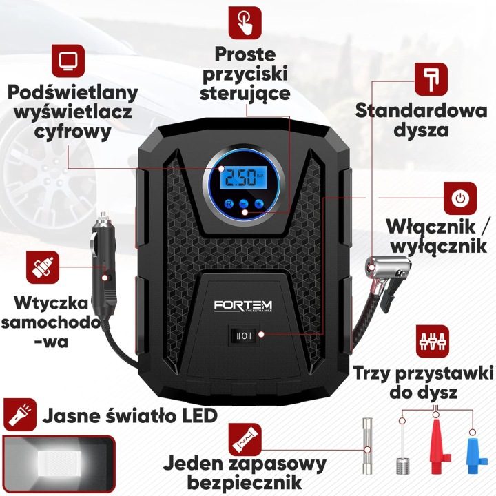 Компрессор для шин Fortem переносной манометр 12V Cyfrowa LCD, фото 7
